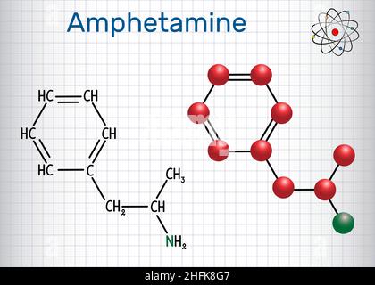 Amfetamine (amphetamine, C9H13N) molecule, is a potent central nervous system stimulant. Structural chemical formula and molecule model. Sheet of Stock Vector