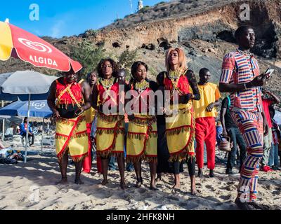 Dakar, Senegal - Feb, 2019: The Kumpo dance on the beach in Dakar. The Kumpo,  Samay, and the Niasse are three traditional figures in the mythology of Stock Photo