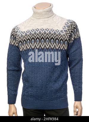 Comfortable and warm blue-grey cable knit turtleneck sweater with nordic ornament on male mannequin isolated on a white background Stock Photo