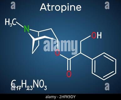 Atropine drug molecule. It is plant alkaloid. Structural chemical formula on the dark blue background Stock Vector