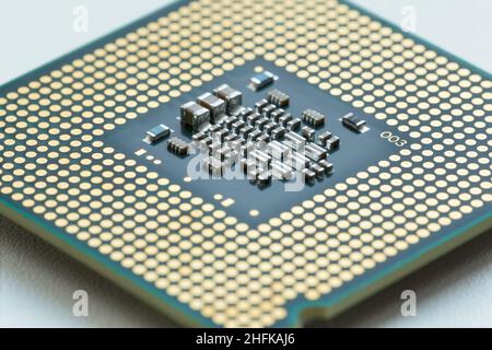 The reverse side of the processor with smd components. Macro photography Stock Photo