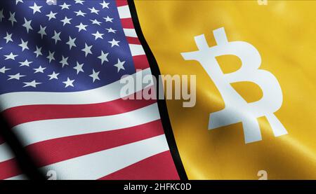 3D Illustration of waving Bitcoin and United States of America flag Stock Photo