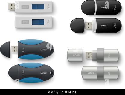 USB flash drive realistic mockup set, vector illustration. Flash memory, usb stick, thumb drive, pen drive template. Stock Vector