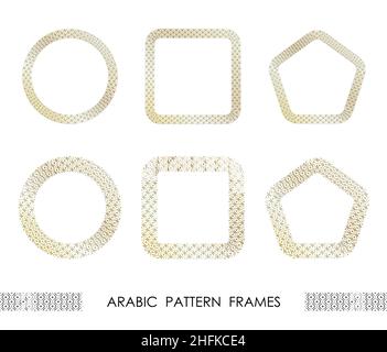 Set of golden round and square abstract geometric arabic pattern frames for decorative headers. Gold ornates mosaic frames with leaves isolated on whi Stock Vector