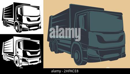 Heavy construction equipment truck, garbage truck in monochrome. Industrial machinery and equipment. Isolated vector Stock Vector