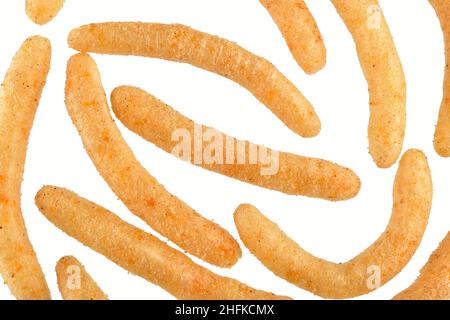 Close up of Cheesy Corn Sticks on White Background with Clipping Path Stock Photo