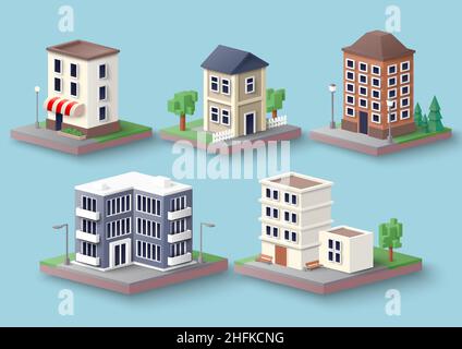 City apartment building set, vector illustration. Isometric multi storey residential house exterior, home facade. Stock Vector