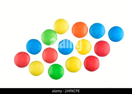 top view of colorful coated chocolate button isolated on white background with clipping path Stock Photo