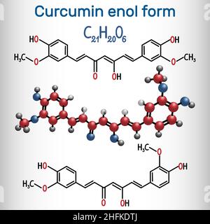 Curcumin molecule. Enol form. It is used as an herbal supplement, cosmetics ingredient, food flavoring, food coloring.  Structural chemical formula. V Stock Vector