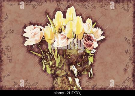 Illustration Sketch of Bouquet  roses and yellow tulips Stock Photo