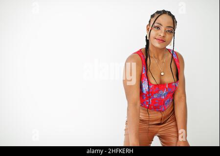 Beauty afro american model fashion brazilian woman pose isolated on white. Stock Photo