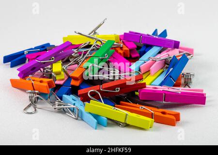 pile of multi colored clothespins ready for use Stock Photo