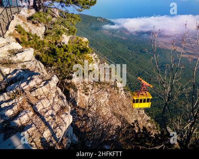 Rope-way with tram on Ai-Petri mountain in Crimea Stock Photo