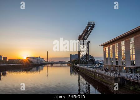 Finnieston Crane and Sunset over River Clyde in Glasgow. Stock Photo