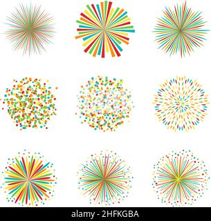 Set of colorful fireworks on white background, vector illustration Stock Vector