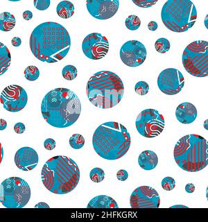 Vector Memphis design scattered circles background. Seamless pattern with fun hand drawn round shapes filled with hand drawn paint brush strokes Stock Vector