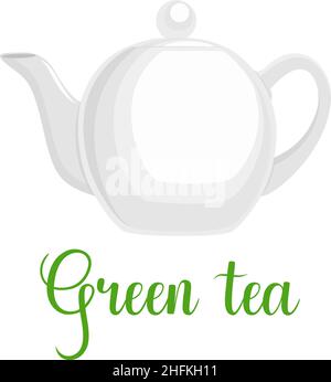 Teapot on white background, handwritten title "Green tea", vector illustration Stock Vector