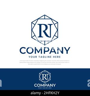 Hexagon vector logo design template, monogram design elements in simple line style with space for RI text. Stock Vector