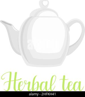 Teapot on white background, handwritten title "Herbal tea", vector illustration Stock Vector