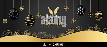 Happy Easter Spring theme poster banner with hanging Easter eggs and flowers leaves Stock Vector