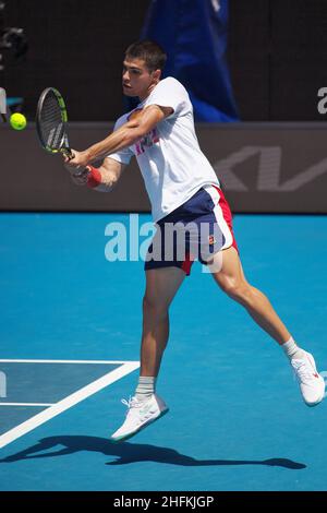 Australian Open Tennis Tournament. Spanish tennis player Carlos Alcaraz during training. 14.01.2022 Australia, Melbourne Photo credit: Arata Yamaoka/Kommersant/Sipa USA