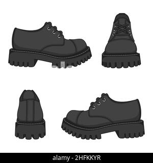 Set of color illustrations with black shoes, boots. Isolated vector objects on white background. Stock Vector