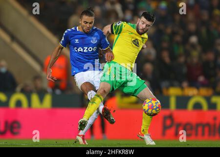 Grant Hanley of Norwich City and Dominic Calvert-Lewin of Everton - Norwich City v Everton, Premier League, Carrow Road, Norwich, UK - 15th January 2022  Editorial Use Only - DataCo restrictions apply Stock Photo