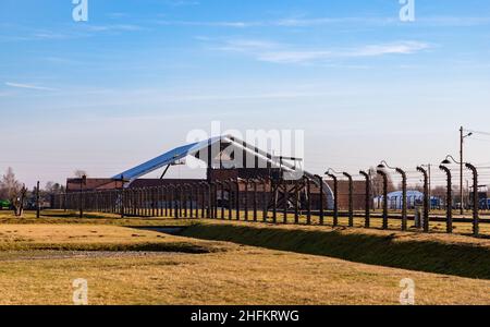 A picture of the main building of the Auschwitz II Birkenau Memorial and Museum. Stock Photo