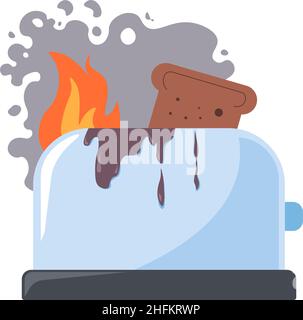 Toaster bread, damaged kitchen appliance on fire Stock Vector