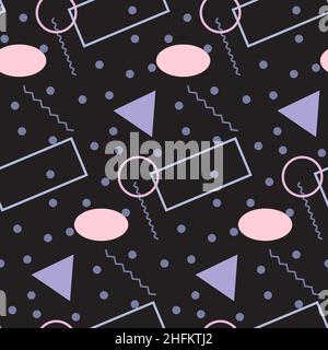 Seamless pattern in minimalistic geometric style. Pink, purple, grey and black colors. Memphis style retro print. Abstract doodle background. Endless Stock Vector