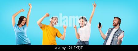 Collage of young people in headsets dancing, playing songs on smartphones, moving to good music on blue background Stock Photo