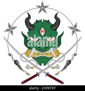 Vector illustration Kabuki mask of hannya, Japanese Oni Demon with katana, Kunai and Shuriken Stock Vector