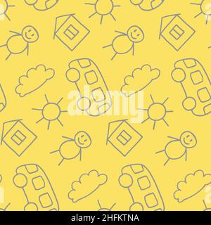 Vector seamless pattern in doodle style. Kids drawing. Scandinavian style print. Cute cartoon illustration. Creative childish background for fabric Stock Vector