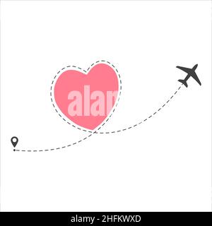 A Airplane flying in the white sky leaving behind a love shaped smoke trail Stock Vector