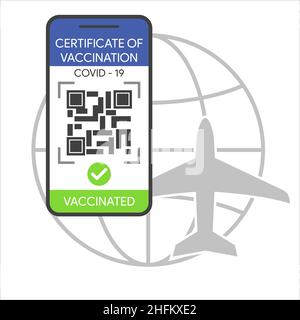 smartphone with qr code on the screen. European Green Pass travel authorization concept. International vaccination certificate. Stock Vector