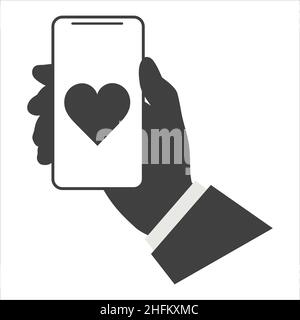 Sending love message to lover with red heart and send button. Hand holding smartphone and finger touch on pink screen background. Happy Valentines Day Stock Vector