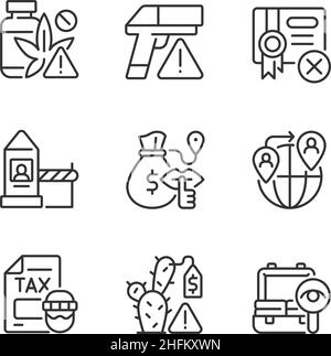Illicit import and its prevention linear icons set Stock Vector