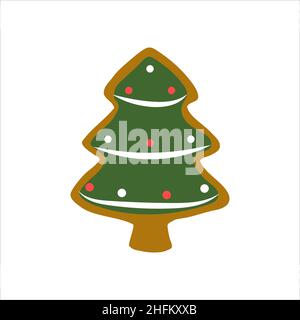 Cute gingerbread decorated with icing Christmas gingerbread in the shape of a Christmas tree. Festive pastries, pine. Christmas cookies in the shape o Stock Vector