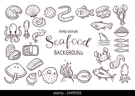 Hand drawn seafood background. Fish, seaweed and shellfish. Food ingredients for cooking illustration. Isolated doodle icons on white background. Vect Stock Vector