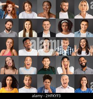 Collection of multiracial people showing different emotions on grey studio backgrounds. Human mosaic concept Stock Photo