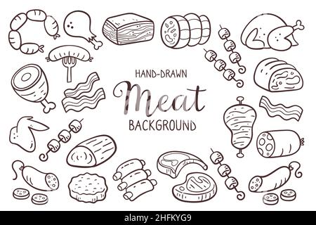 Hand drawn meat background. Pieces of meat and meat products. Food ingredients for cooking illustration. Isolated doodle icons on white background. Ve Stock Vector