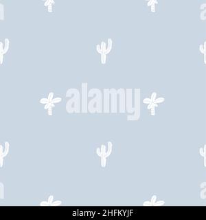 Vector tropical hand drawn plants cactus palm trees. Summer baby boy seamless pattern exotic background for retro trendy texture, textile, fabric Stock Vector