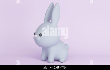 Cute gray rabbit on a lilac background. 3d rendering Stock Photo