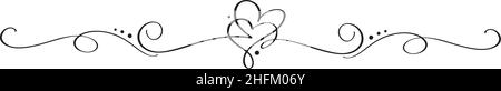 Vintage Flourish Vector divider Valentines Day Hand Drawn Black Calligraphic two Hearts. Calligraphy Holiday illustration. Design valentine element Stock Vector