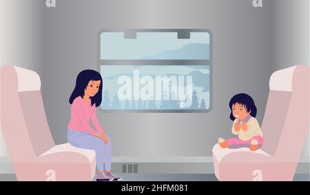 A woman and a child are on a train. Traveling with a little girl. Vacation, road trip. The interior of a passenger railway car. Vector flat Stock Vector