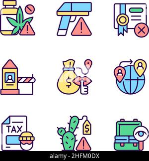 Illicit import and its prevention RGB color icons set Stock Vector