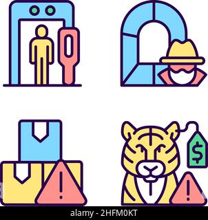 Smugglers activities prevention RGB color icons set Stock Vector