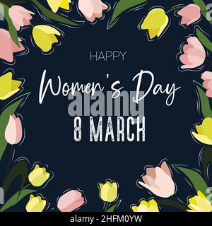 Women Day greeting card with hand drawn flowers background. Stock Vector