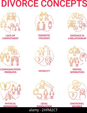 Divorce red gradient concept icons set Stock Vector