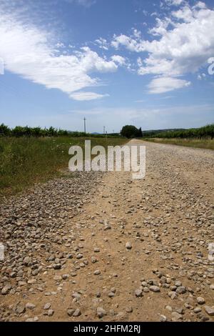 The typical dusty gravel roads in Tuscany in Italy with a nice nature and landscape around and old houses around. Stock Photo